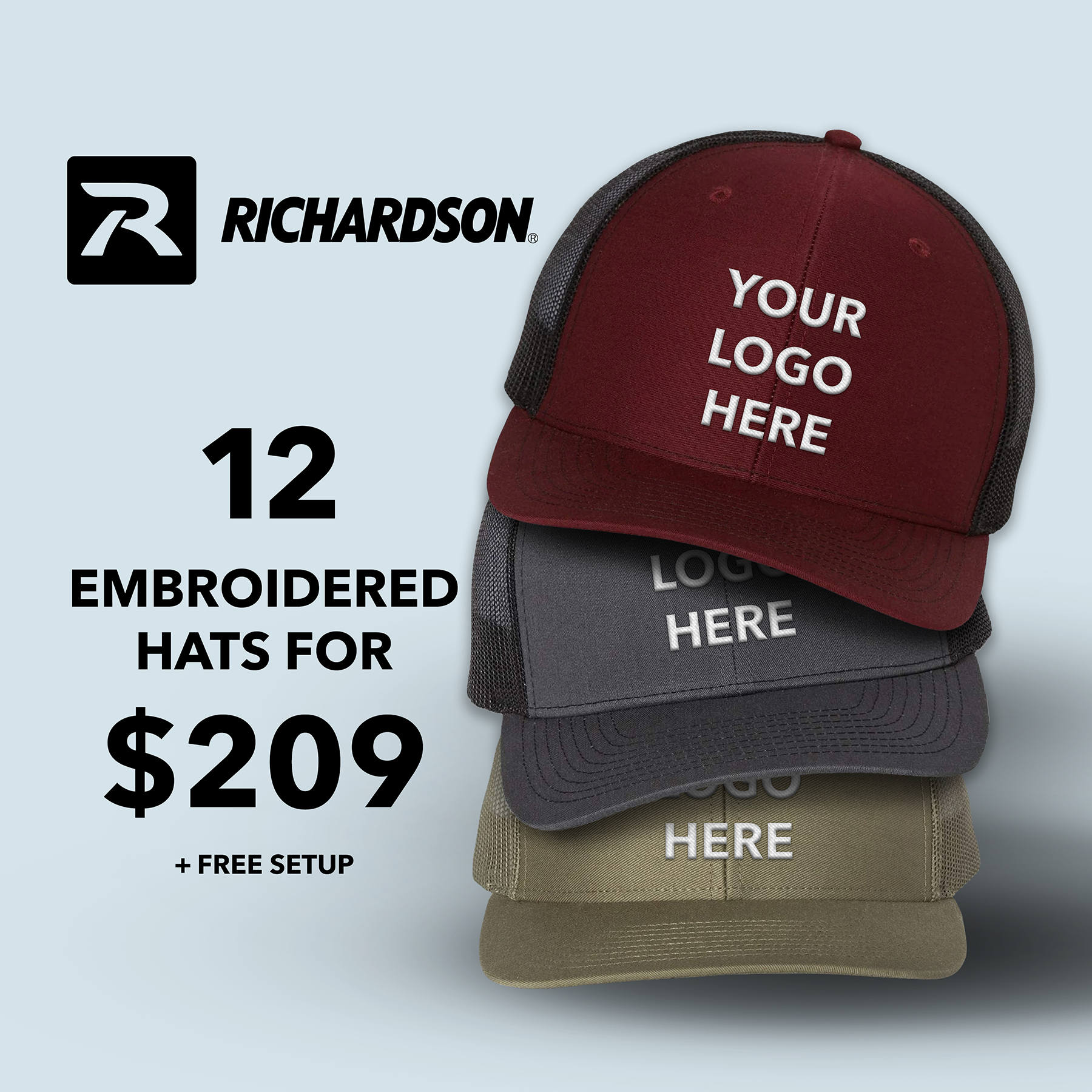 Bundle (12) Richardson 112 Custom Embroidered Hat + FREE Setup